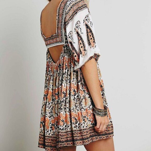 Free People Cream Tan Boho Puff Sleeve Flowy Mini Dress - Picture 1 of 7